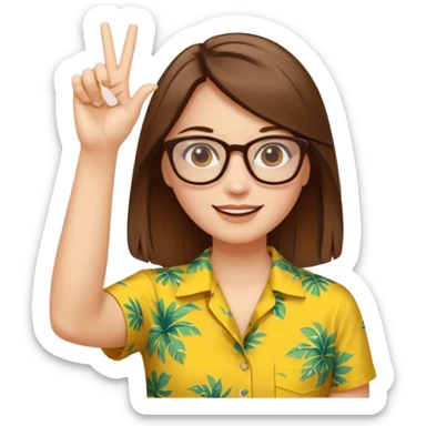 Hawaii female with white skin. Shoulder length straight brown hair. Brown eyes with glasses. Female wearing yellow Hawaiian print shirt. Women is making a hang loose sign with her left hand sticker
