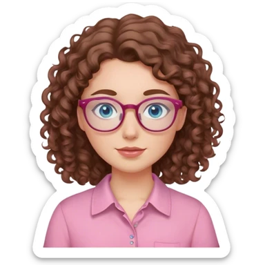 White girl with blue eyes and brown curly hair pink shirt glasses and blush sticker
