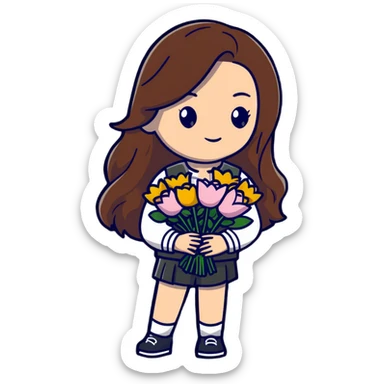 cool girl with long brown hair holding a bouquet of flowers, trendy outfit, stylish sticker