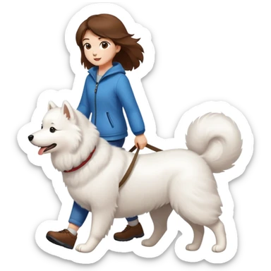 Brown-haired girl walks a Samoyed sticker