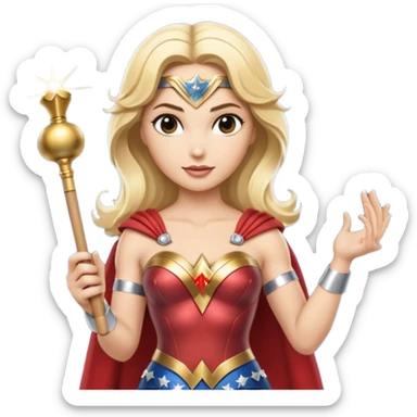 Blonde Wonder Woman holding short white orchestra conductor’s baton and bell sticker