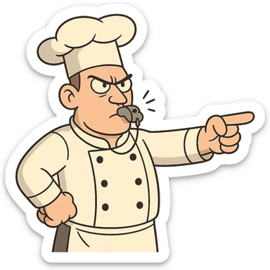 a chef with a whistle, commanding pose, stern drill sergeant look, 2D cartoon style sticker