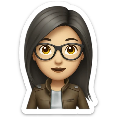 asian girl with glasses and a leather jacket with a  khaki shirt and long dark hair sticker