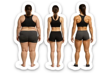 fai una donna di spalle in gym shorts leggermente sovrappeso e con cellulite e accanto una seconda donna di spalle magra (che è dimagrita post dieta) e accanto una terza donna in forma allenata e con le giuste proporzioni, l'immagine deve rappresentare il processo: da donna grassa, a donna piatta e magra, a donna allenata e in forma con i giusti muscoli, iperrealistico 4k sticker