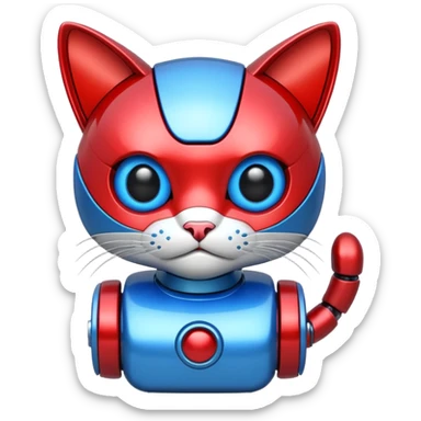 generate robot cat, glossy, realstic, red and blue color sticker