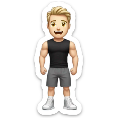 amazed Open with surprise mouth Pale skinned Fit Man With the biceps and dark brown hair in black shirt, gray sports shorts and white Sneakers sticker
