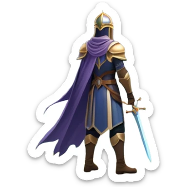 An icon featuring a hero with a closed visor, standing in a majestic, mystical landscape, inspired by RPGs like Elden Ring. The design includes a stunning, ethereal background with towering castles and distant mountains, symbolizing the adventure and mystery. Transparent background sticker