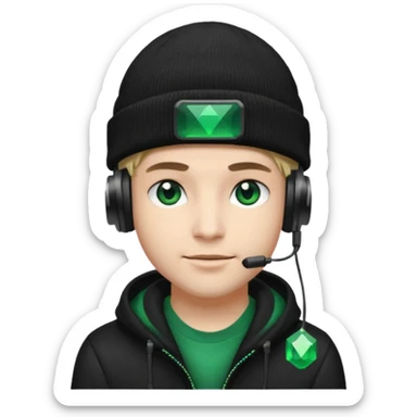 garcon avec un bonnet noir avec un emeraude dessus et un casque gaming moin bronzé sticker