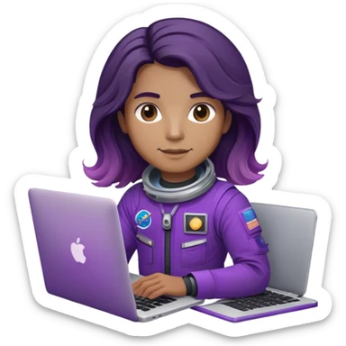astronaut with purple suit, long ombre black/brown wavy hair and a macbook sticker