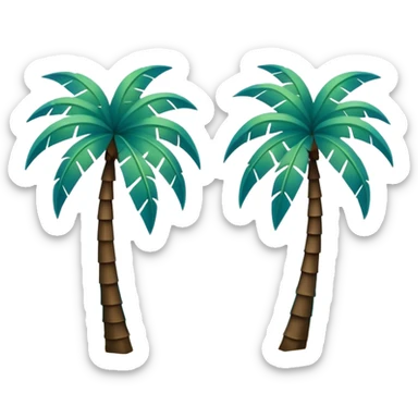 two dark green palm trees on white sand, a little azure water around the sand, minimalism, iOS emoji style, transparent background, no smileys or faces sticker