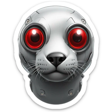 cyborg seal with one red mechanical eye lens prosthesis, cyberpunk, grimdark sticker