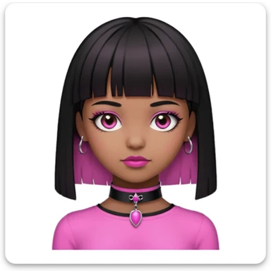 brown skin, straight hair with the ends curved upwards, bangs above the eyebrow, dark brown eyes, girl, half gothic and pink style   sticker
