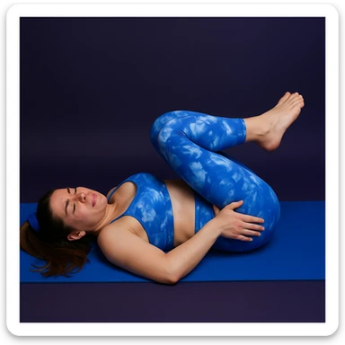 A slender woman in 4K lying on a yoga mat, knees bent toward the chest, one hand on the abdomen and the other on the pelvic area, expression of relief mixed with discomfort, inspired by the reference photo. sticker