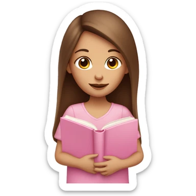 fair-skinned woman with long and straight brown hair holding a baby-pink-colored book sticker