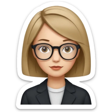 woman dark blonde petite bob haircut wears dark squarish glasses, classic clothes sticker