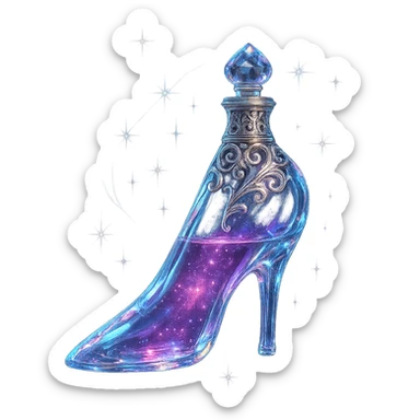luxurious crystal elixir bottle in slipper shape, elegant color palette, ornate silver and iridescent details, magical glowing and sparkling effects, very small neck, seamless bottom, transparent background, bottle clearly floating in air, no base or shadow, modern, collection style sticker