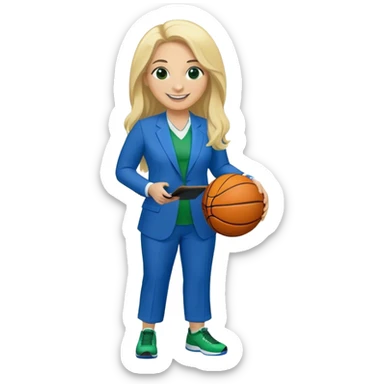 Full Body white plus size female with big nose basketball head coach using a clipboard with long blonde hair in a blue and green suit smiling with basketball and clipboard sticker