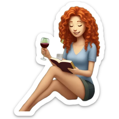 White woman with long curly red hair reading a book with a glass of wine in a park sticker