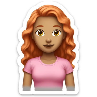 A light-skinned girl with long red hair in a pink T-shirt sticker
