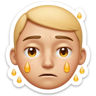 Apple-style emoji illustration of a person, overheated face with sweat drops, expression annoyed, half-closed exhausted eyes, soft 3D emoji style, smooth gradients, rounded shapes, simple expression, centered composition. sticker
