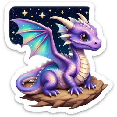 Airbrush painted image of a dragon hatchling under a deep galactic sky with pearlescent scales and wings spread against the stars sticker