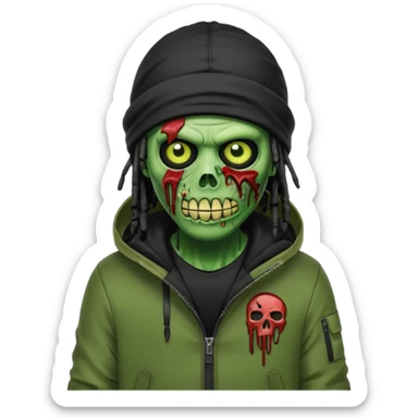a zombie emoji with black dreads and a black nike jacket and black nike ski mask on his head sticker