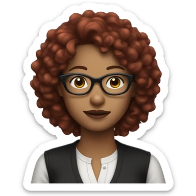 woman with glasses, blue eyes, curly burgundy hair, hair length to the soulders, dressed all black sticker