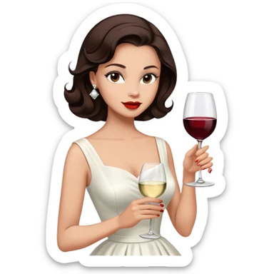 Beautiful woman in 1950’s woman fashion look, white dress, long hair, wine, dark brown hair sticker