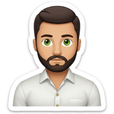 Man with a short full beard, Styled hair, Best looking man in the planet, onepiece style dark hair, green eyes, more realistic style more maskulin. Wearing a white formal shirt, first buttons open macho style, muscular

 sticker