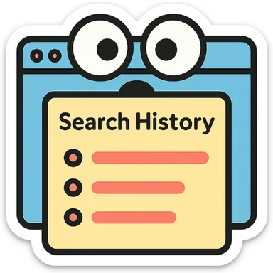 funny icon of a browser window with shocked eyes peeking over a search history list sticker