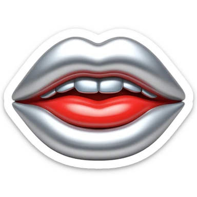 female lips emoji, smooth liquid metal chrome surface, sculpted shape, high-gloss reflections, monochrome futuristic 3D style, isolated on white sticker