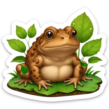 A brown toad sitting on wet ground near a pond, rough bumpy skin, natural light, green leaves around, realistic wildlife photo. sticker