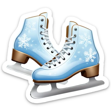 An icon showing In the background, twinkling lights, winter trees, and cheering spectators create a festive atmosphere. a pair of elegant ice skates gliding across a smooth, frozen rink with snowflakes in the air. Transparent background highlights the grace and charm of ice skating. sticker