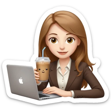 Women in front of laptop with a happy face, face a little fuller, long light brown hair, light brown big eyes, light pale skin with a iced coffee on the side, business attire sticker