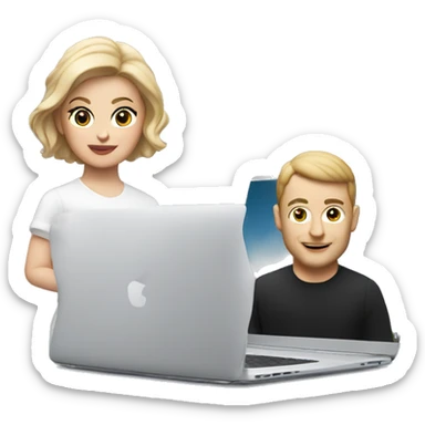 a white memoji with a french crop behind a laptop sticker