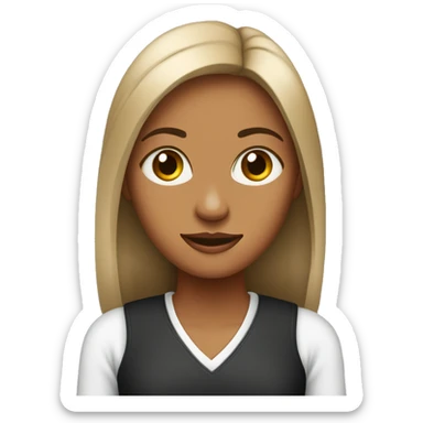 mujer parada jóven pelo largo lasio negro.ojos  marron, ropa casual. con una laptop sticker