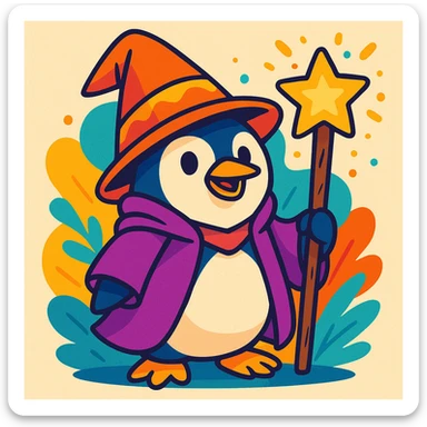 a penguin dressed as a wizard, with a pointy hat and a magic staff, in a fun and whimsical style, colorful cartoon sticker