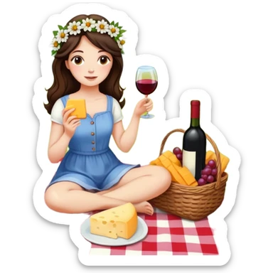 brunette girl with flowers in her hair, sitting on a picnic blanket with cheese and wine sticker