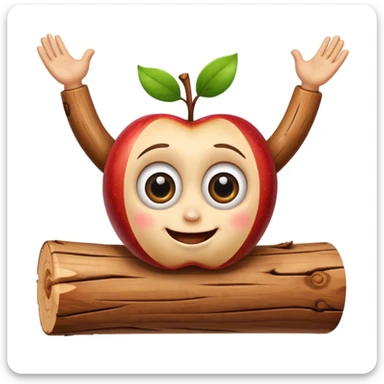 caricature of a smiling wooden log with big eyes, arms raised, apple emoji style, white background, cute and colorful sticker