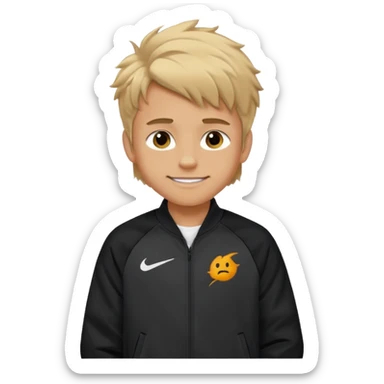make a boy with fluffy dirty blond hair hazel eyes tan white smirky smile and nike tech sticker