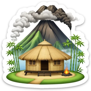 bamboo hut with volcano in the back in Volcano Island  sticker