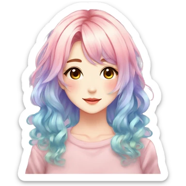 Gorgeous anime style shojo character with blushing face aesthetic and pretty colorful shiny gradient pastel hair with hair garment trending style sticker