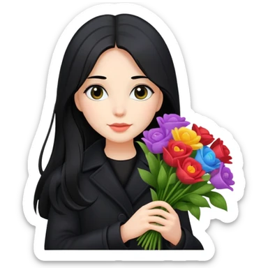 beautiful girl with long black hair wearing a black coat holding a bouquet of flowers sticker