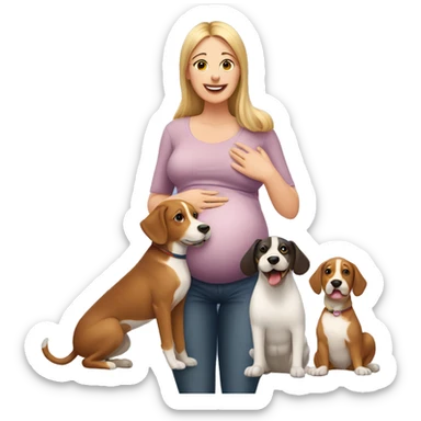 Pregnant woman surrounded by 3 playful dogs sticker