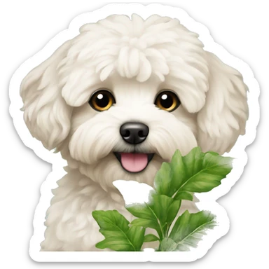 Maltipoo head with green plants behind sticker