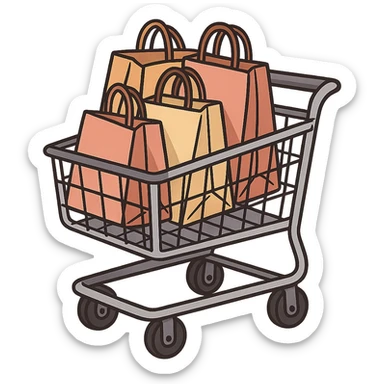 shopping cart with bags in it, flat toon style sticker