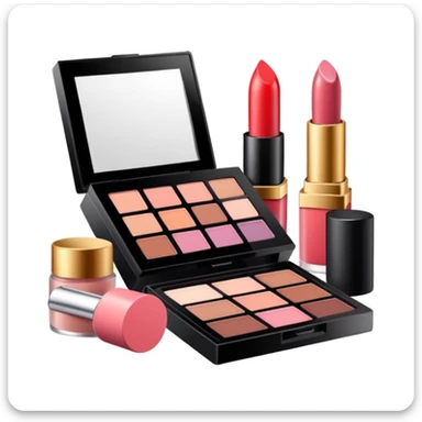 makeup products all together in one piece of png, lipstick, blush, powder, etc sticker