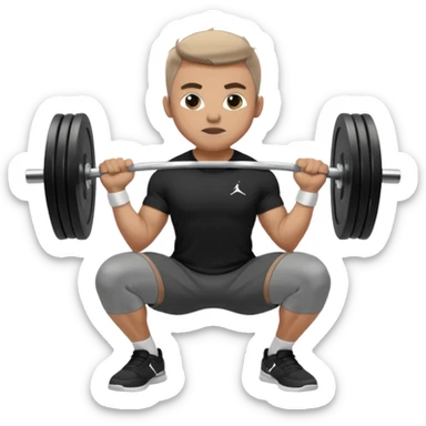 Hombre vestido con playera negra, pants gris y tenis blancos tipo jordan haciendo sentadilla libre con barra con un disco de 20 kilos por lado  sticker