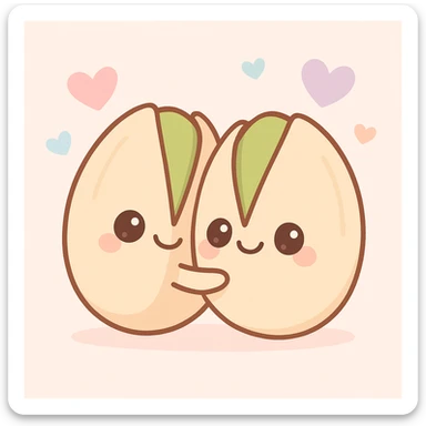 two pistachios with smiling faces, hugging, floating hearts, cute and charming style sticker