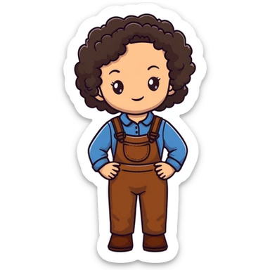 white girl with dark brown curly hair, brown eyes, wearing farm clothes sticker